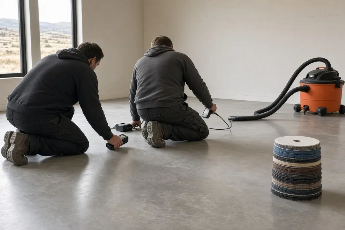 Technicians checking a honed concrete floor in Kelowna