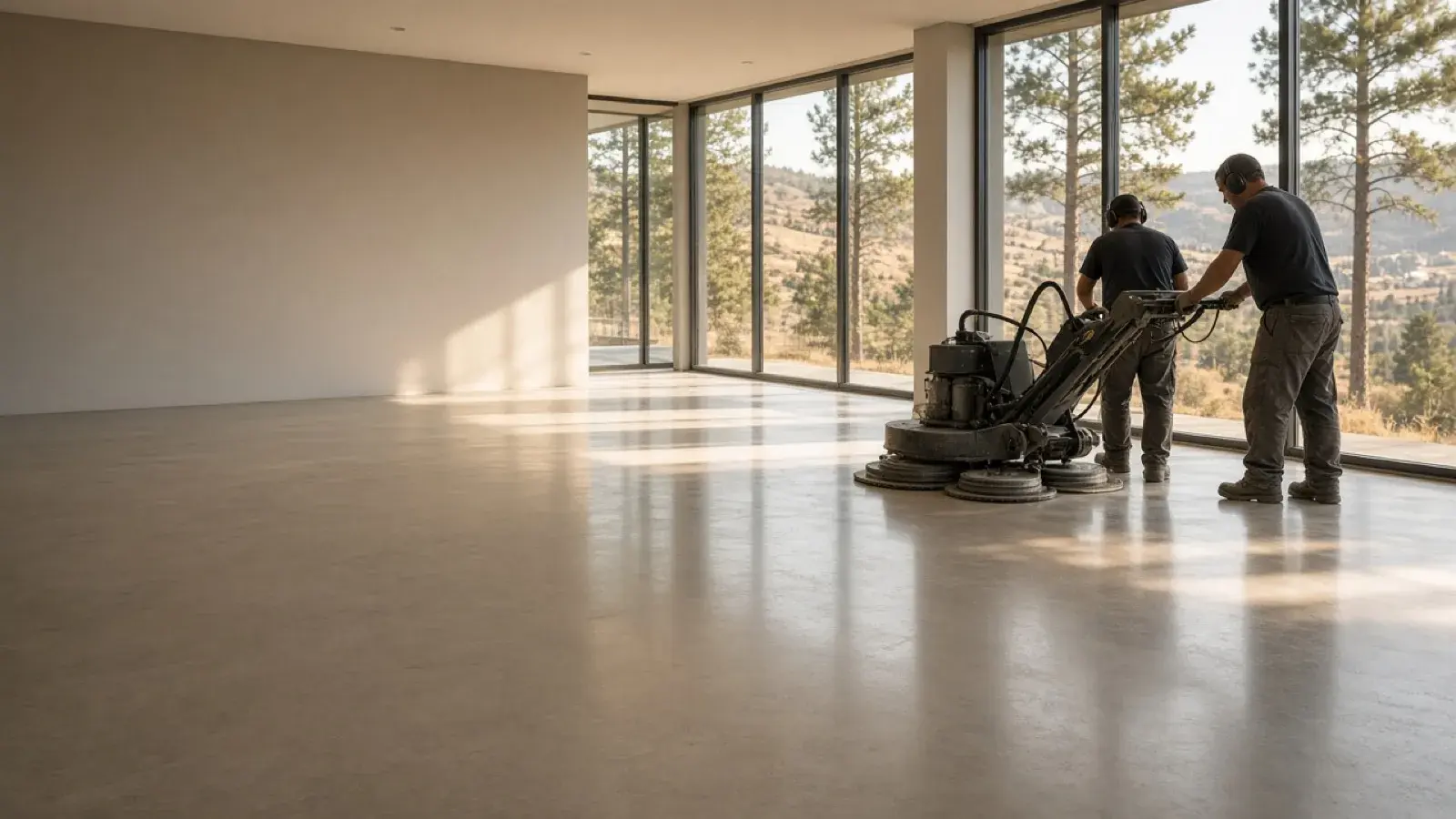Concrete polishing crew grinding a slab in a Kelowna home